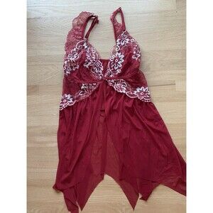 Coquette Fairy Babydoll Red Lace Mesh Open Front Handkerchief Hem Lingerie L XL